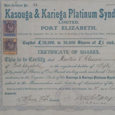1907 Kasouga &amp; Kariega Platinum Syndicate, Ltd Port Elizabeth Share Certificate no 44
