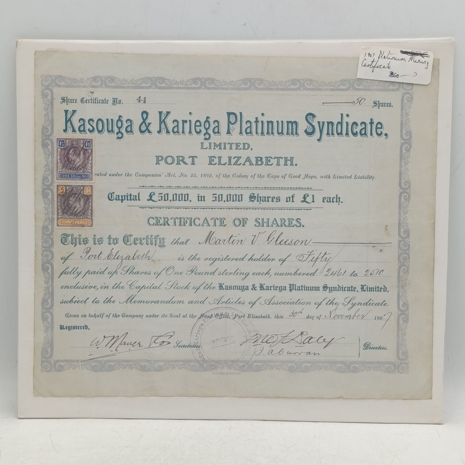1907 Kasouga &amp; Kariega Platinum Syndicate, Ltd Port Elizabeth Share Certificate no 44