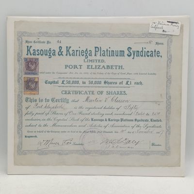 1907 Kasouga &amp; Kariega Platinum Syndicate, Ltd Port Elizabeth Share Certificate no 44
