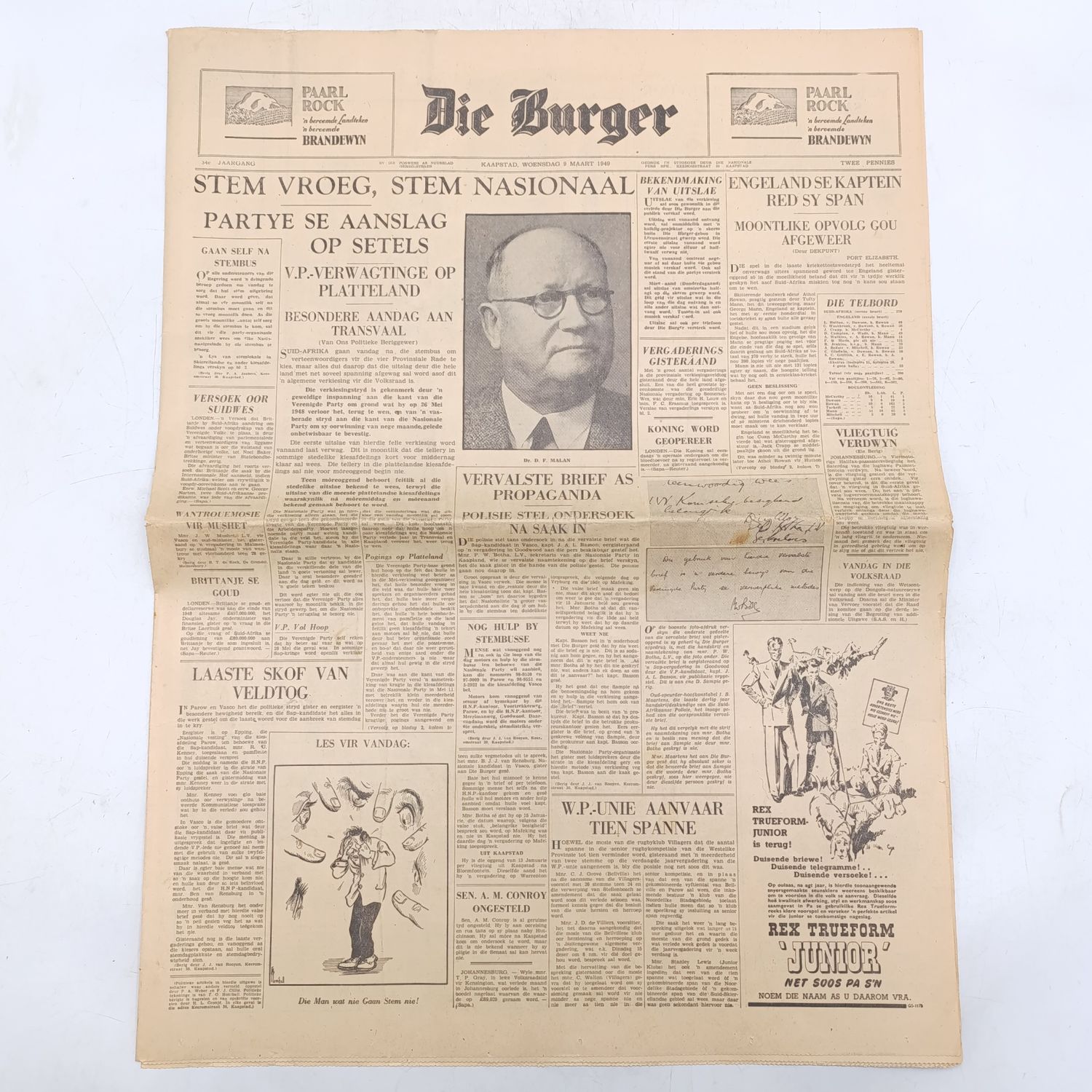 Die Burger Newspaper of 9 Maart 1949 - Excellent condition