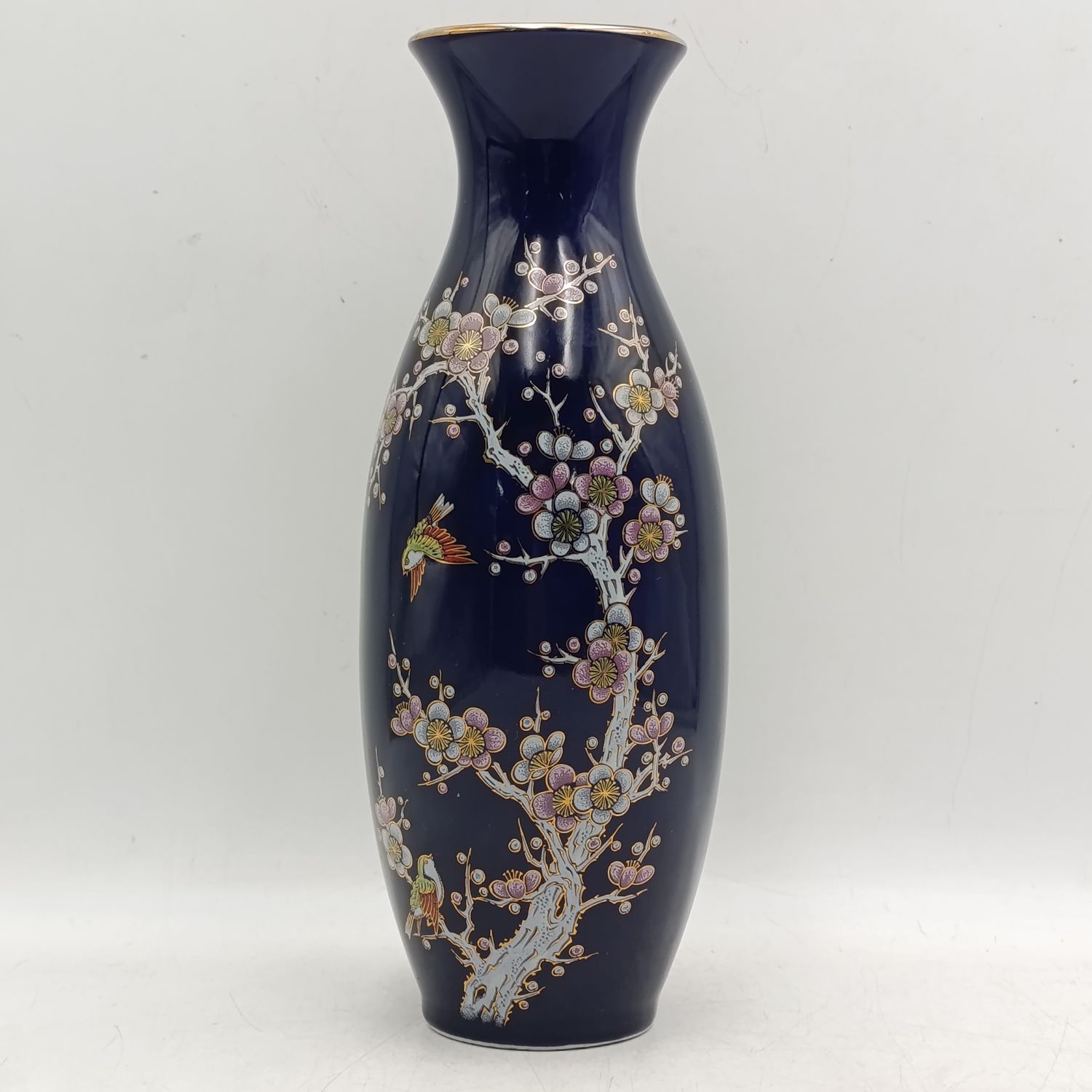 Vintage Japanese Yamato porcelain vase with cherry blossom and bird artwork