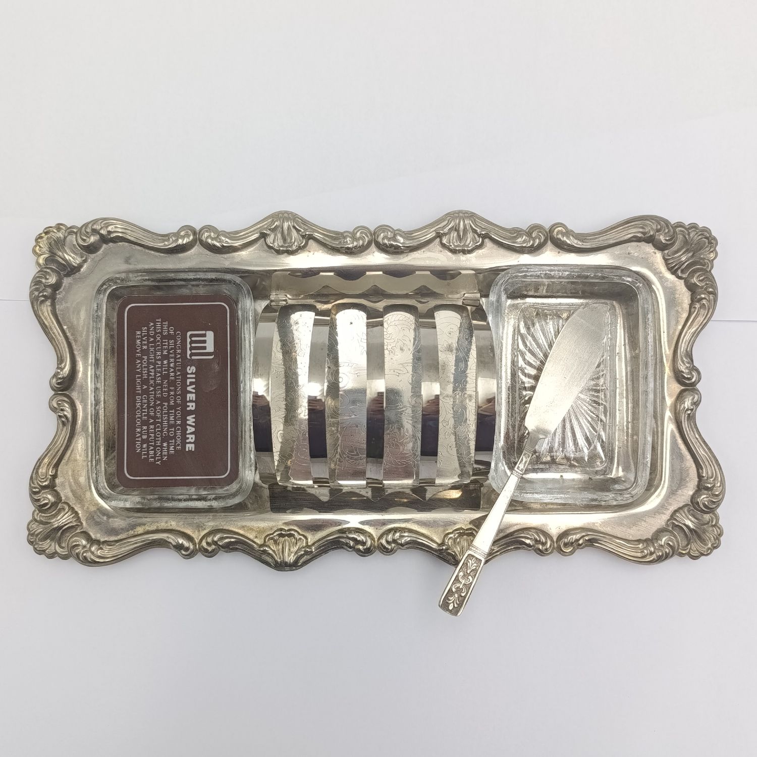 Vintage silverplated toast rack with two glass dishes