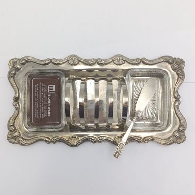 Vintage silverplated toast rack with two glass dishes