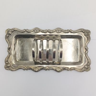 Vintage silverplated toast rack with two glass dishes