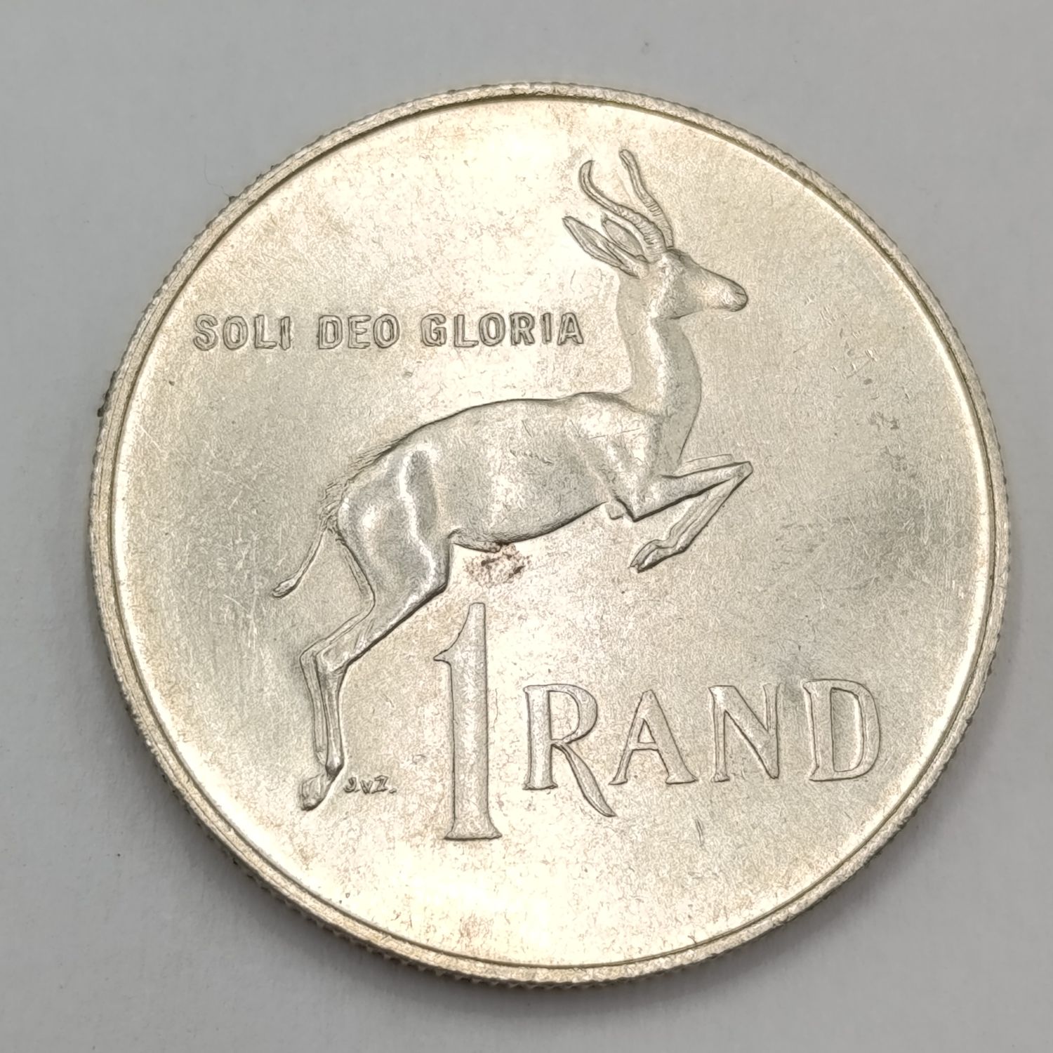1967 RSA silver R1 - front and back misaligned and double struck - clearly visible on head of Springbok and Motto