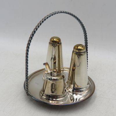 Vintage silverplated condiment set on tray
