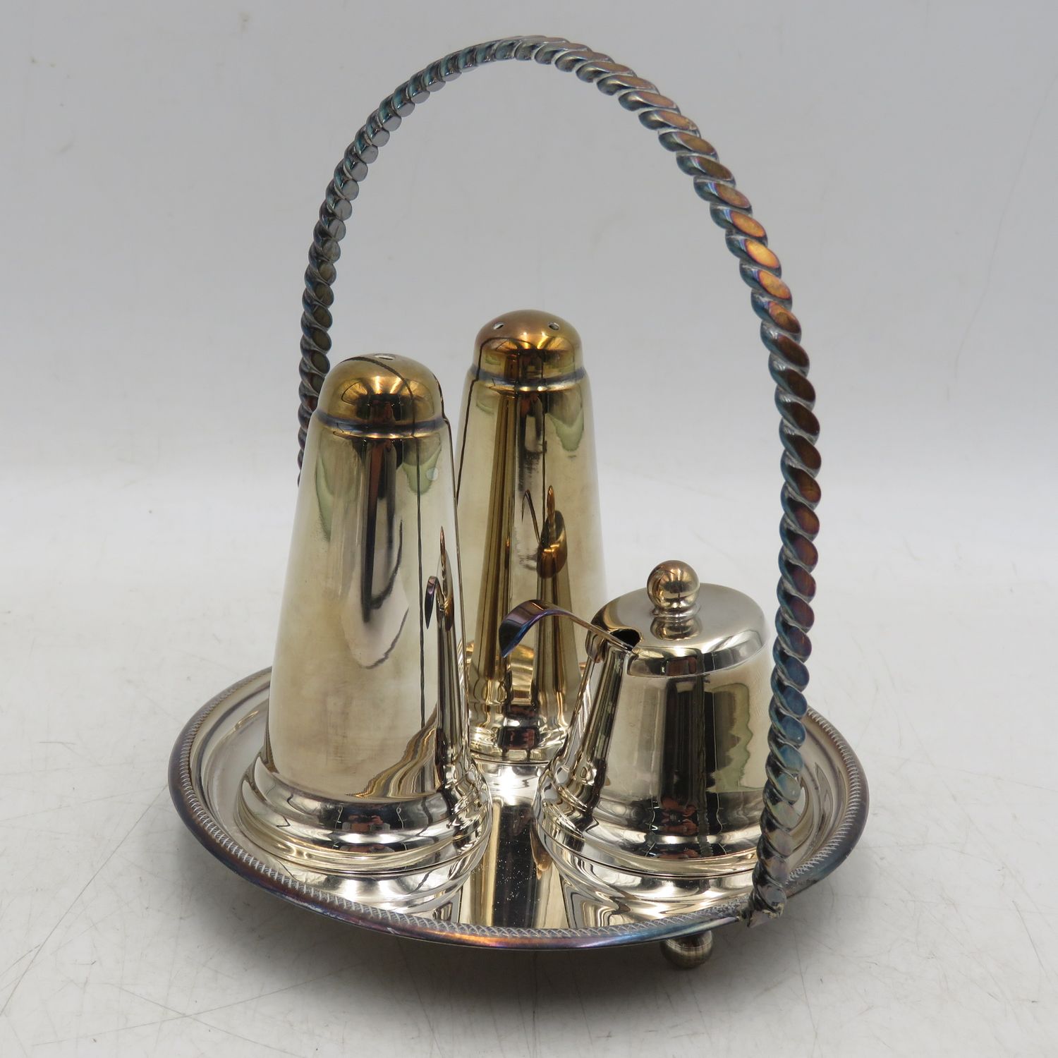 Vintage silverplated condiment set on tray