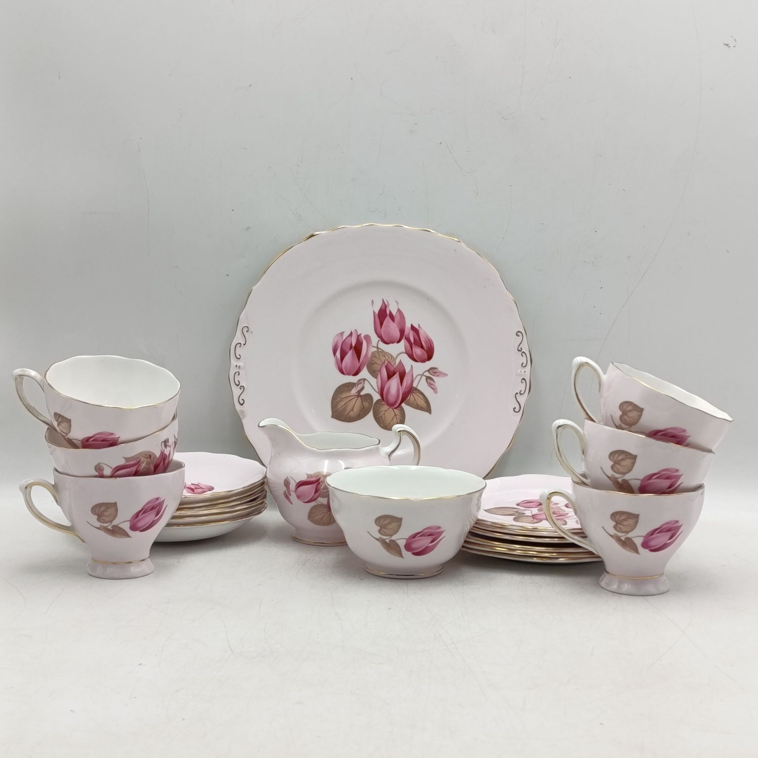 Colclough bone china 21 piece porcelain tea set - 6 trios, milk jug, sugar bowl and cake plate