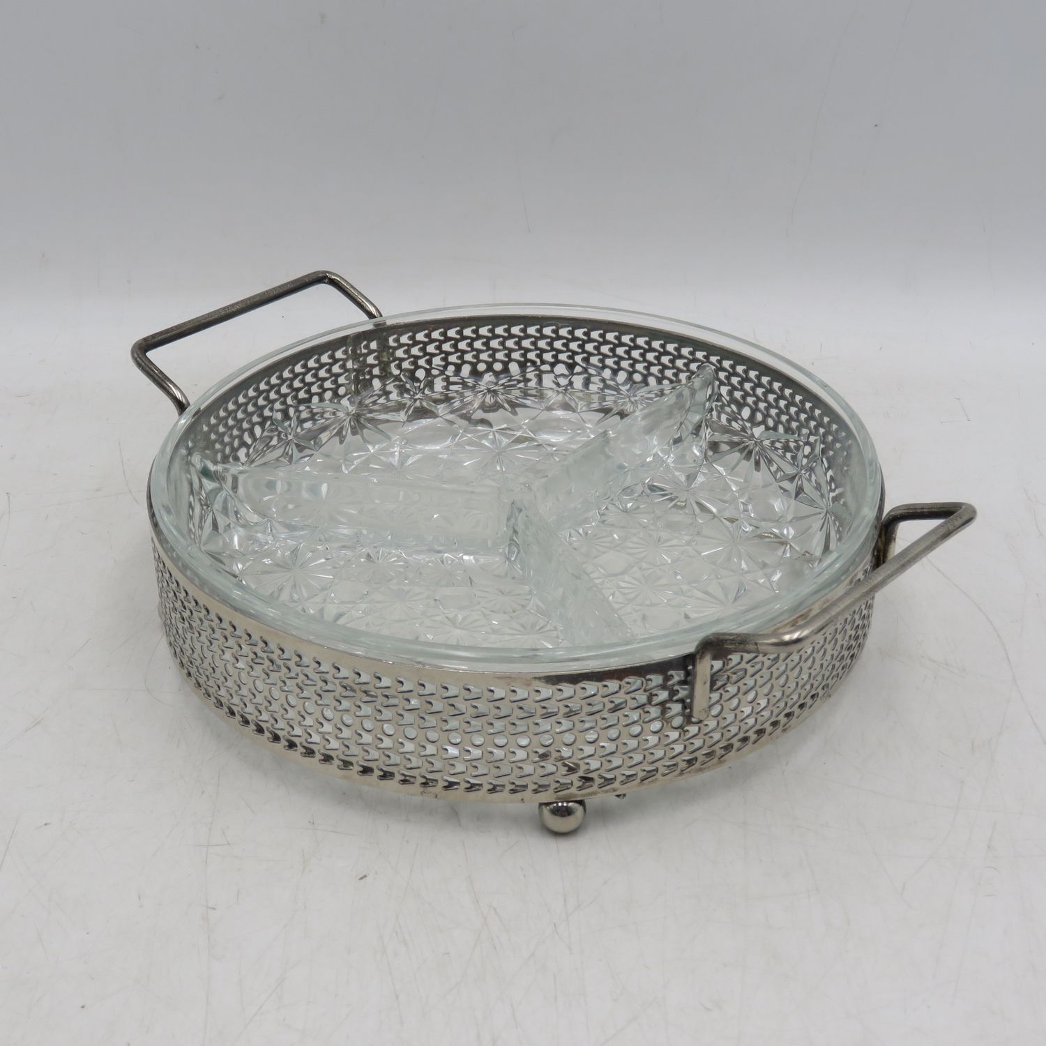 Vintage 3-division glass snack bowl with silver colour frame