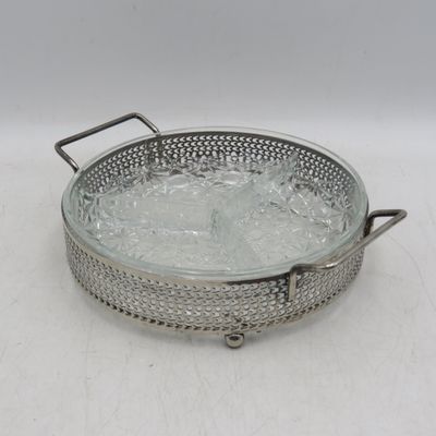 Vintage 3-division glass snack bowl with silver colour frame