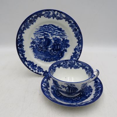 Antique English Porcelain willow pattern trio - cup, saucer and sideplate