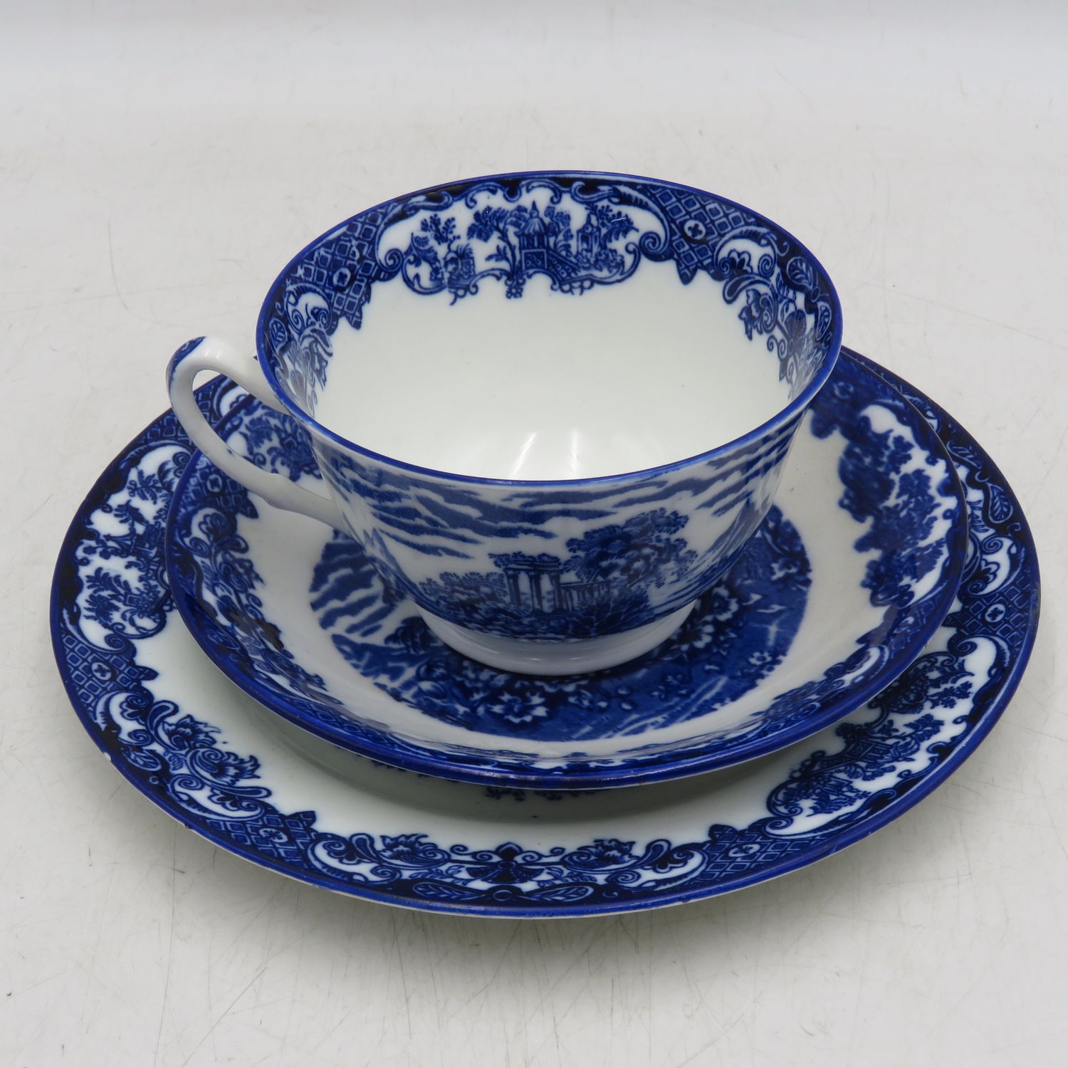 Antique English Porcelain willow pattern trio - cup, saucer and sideplate