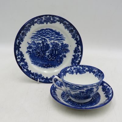 Antique English Porcelain willow pattern trio - cup, saucer and sideplate