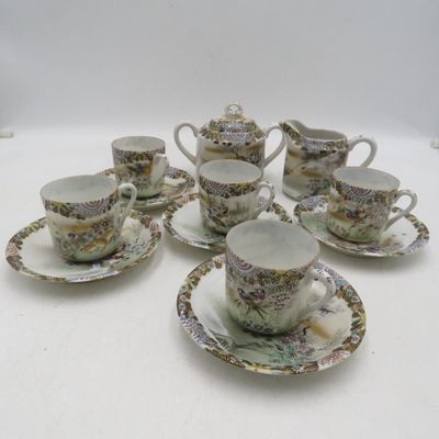 Vintage Japanese 15 piece green tea set - 6 cups and saucers, milk jug, tea caddy with lid - two saucers have small chips