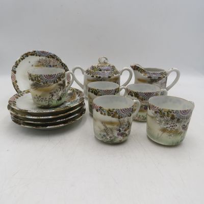 Vintage Japanese 15 piece green tea set - 6 cups and saucers, milk jug, tea caddy with lid - two saucers have small chips