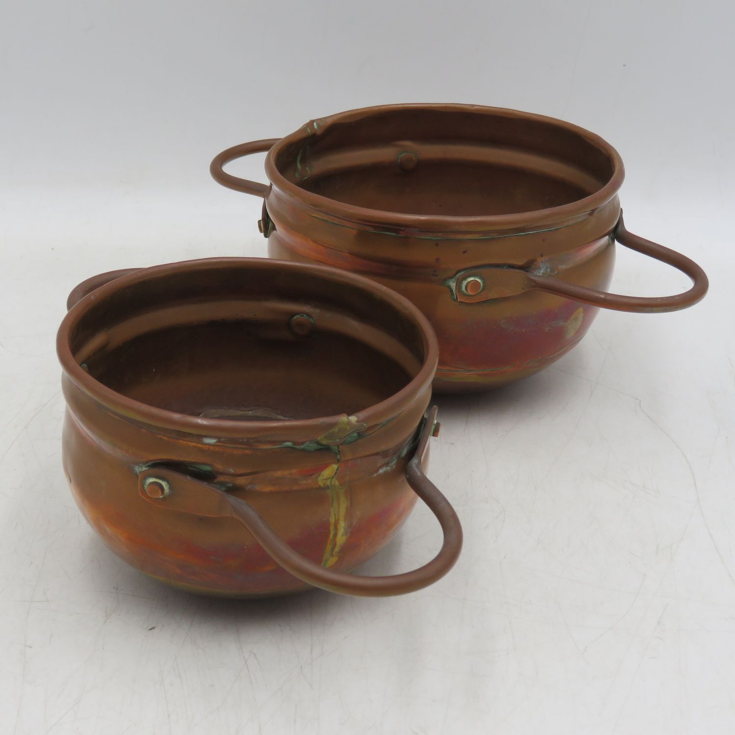 Lot of 2 vintages copper bowls with two handles
