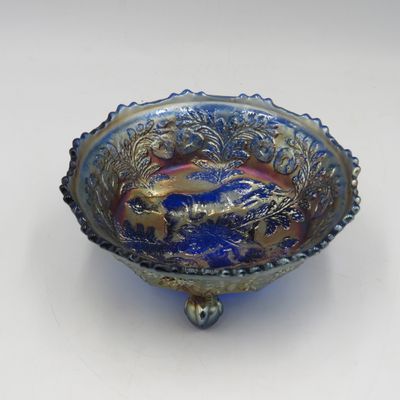 Vintage Carnival glass embossed blue three-legged bowl