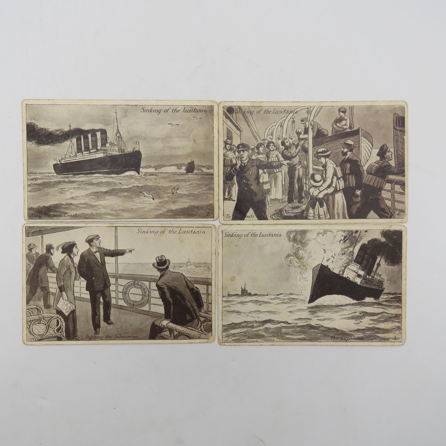 WW1 period Lot of  4 postcards depicting the sinking of Lusitania