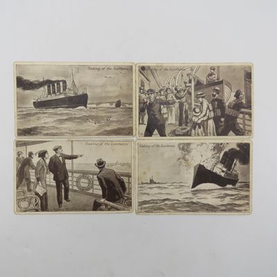 WW1 period Lot of  4 postcards depicting the sinking of Lusitania
