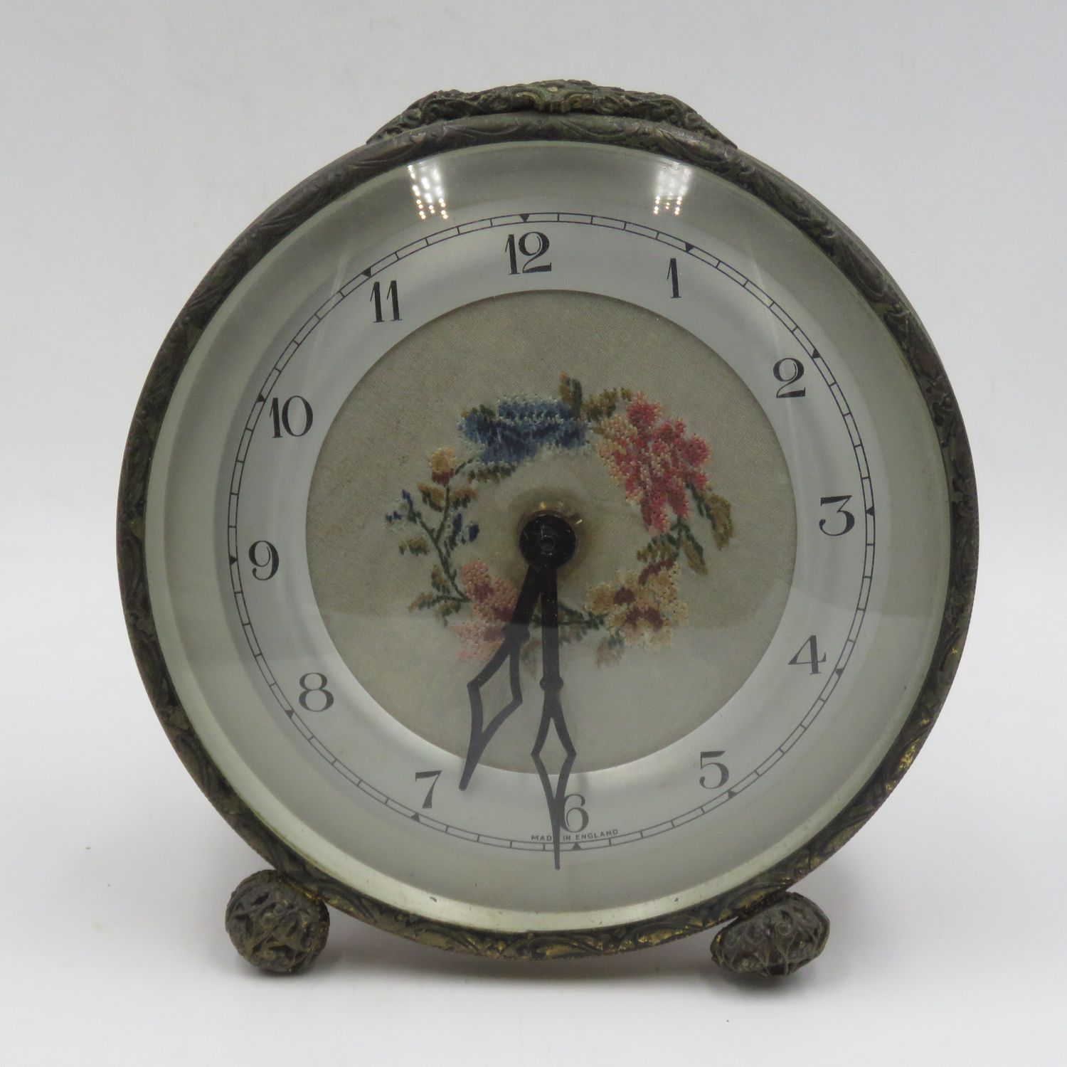 Vintage English Tapestry embroidery mechanical desk clock