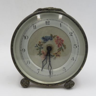 Vintage English Tapestry embroidery mechanical desk clock