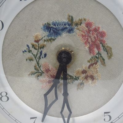 Vintage English Tapestry embroidery mechanical desk clock