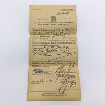 Old SA Defence Force drivers license of Commandant GJ van Zyl - Engineers corps