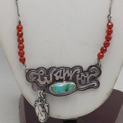 Sterling silver KC Necklace with carnelian beads and turquoise - weighs 22.8 grams