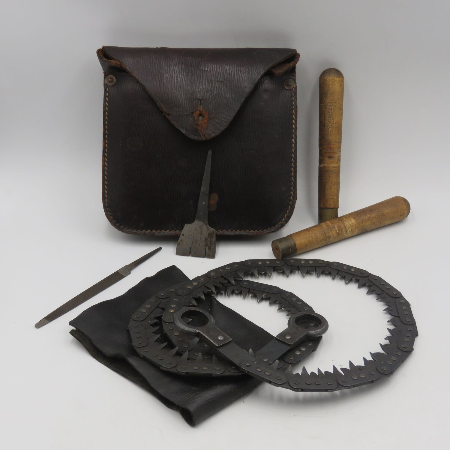 WW2 Military Disston folding chain saw in pouch with handles and accessories