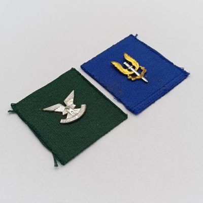 Rhodesian SAS and Selous Scouts badges on material backing - possibly from Reuteler set