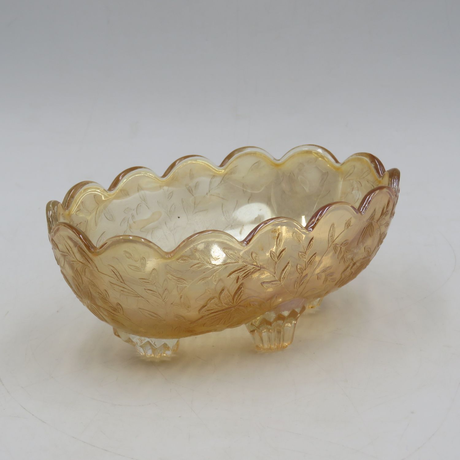 Vintage Jeanette glass Floragold ''Louisa'' oval footed bowl
