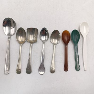 Set of spoons depicting the history of Transvaal Provincial Administration hospitals catering department - 6 metal and 3 plastic types - one sugar spoon with wrongspelling of TPA (P.A.T)
