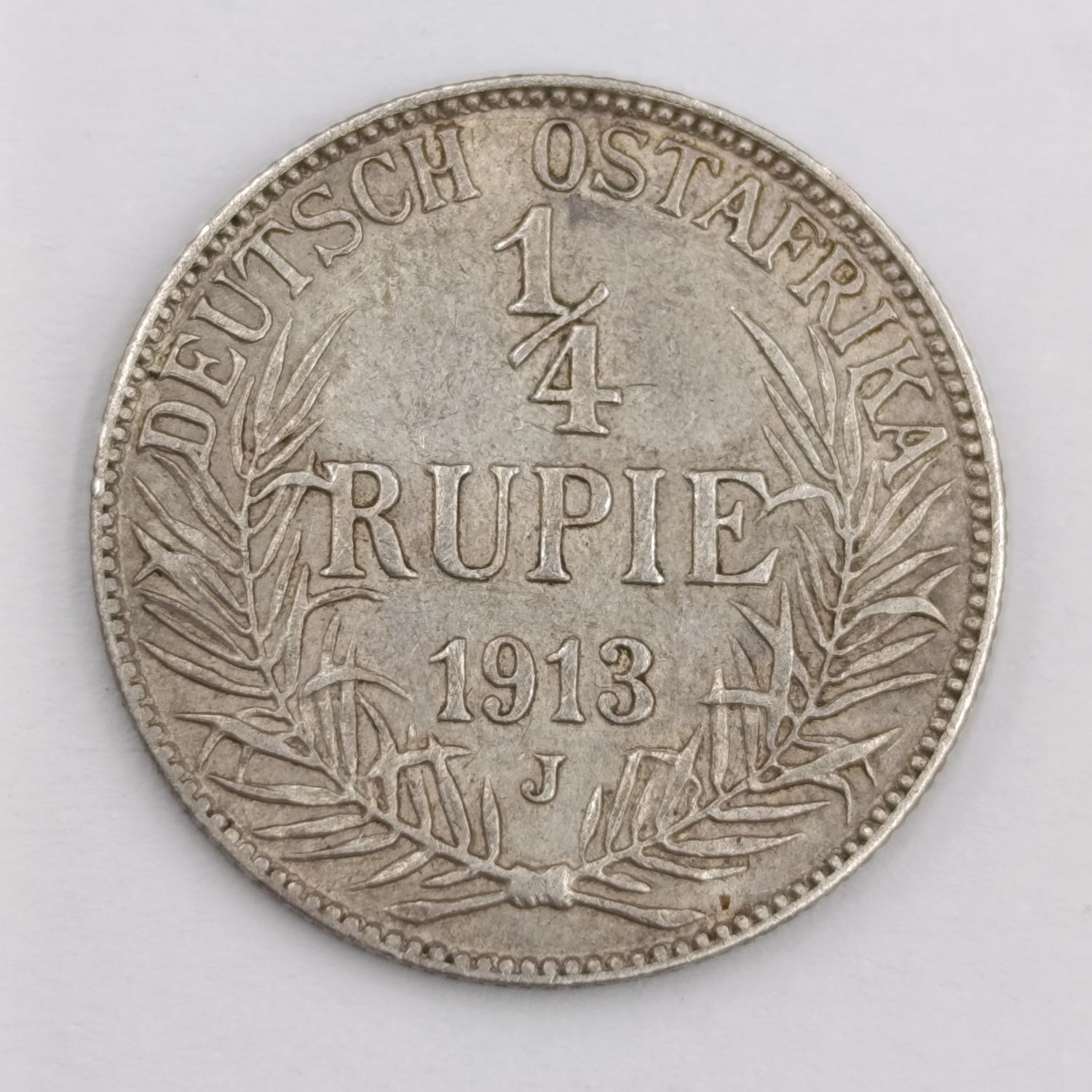 1913J German East Africa 1/4 Rupie XF