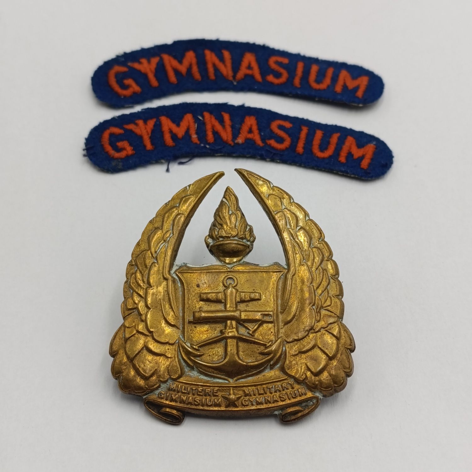 SADf Military Gymnasium cap badge and cloth shoulder titles
