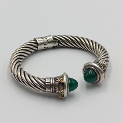 Sterling silver and 18kt gold Twisted bangle with cabochon emeralds - weighs 42.4 grams