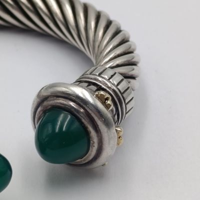 Sterling silver and 18kt gold Twisted bangle with cabochon emeralds - weighs 42.4 grams