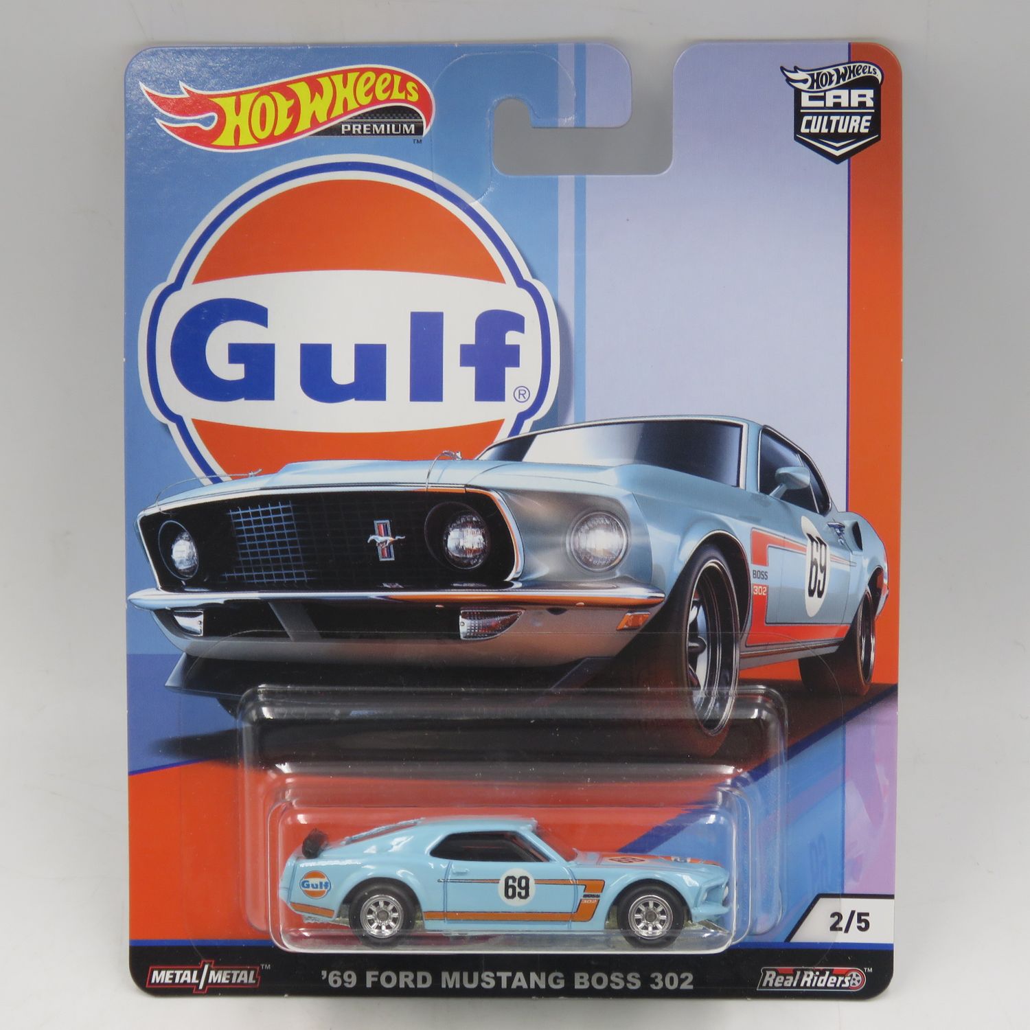 Hot Wheels Premium Real Riders Gulf 1969 Ford Mustang Boss 302 toy car - scale 1/64 - sealed