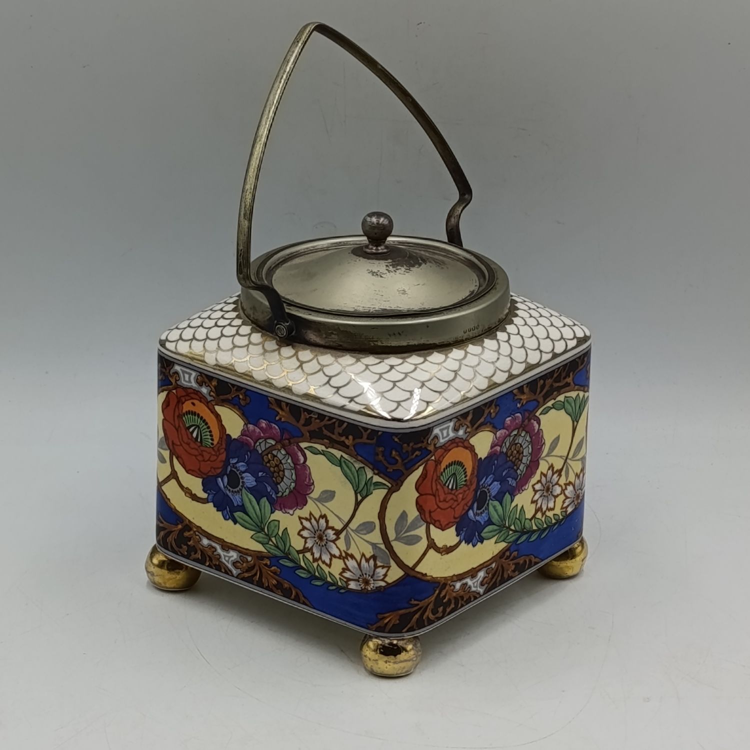 Vintage L &amp; Sons Floral pattern cookie jar with EPNS lid and handle