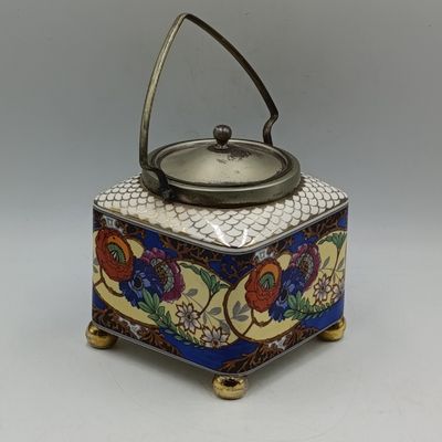 Vintage L &amp; Sons Floral pattern cookie jar with EPNS lid and handle