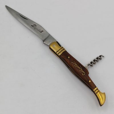 Vintage Laguiole folding pocket knife with sharpening stick in leather pouch