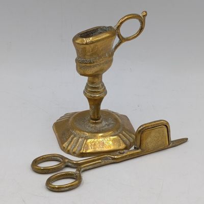 Vintage brass scissor style candle snuffer with stand