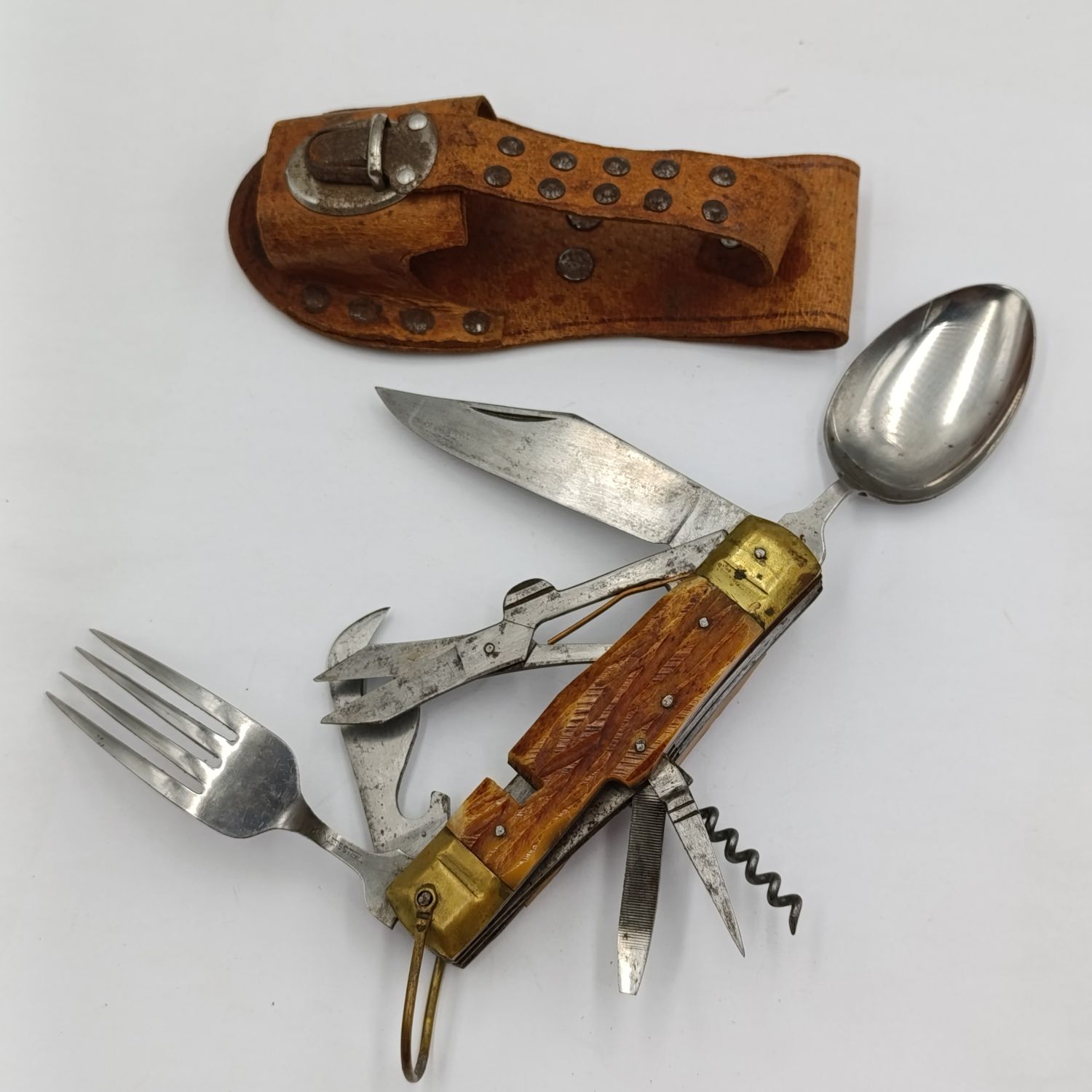 Vintage Hobo knife with fork and spoon in leather pouch