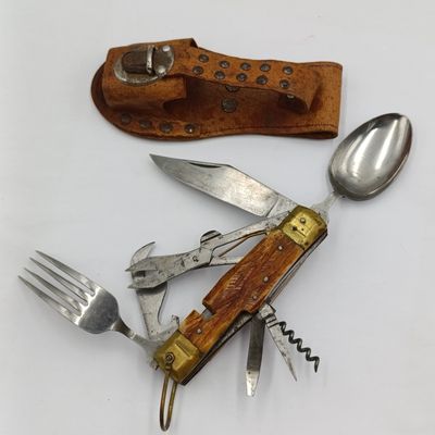 Vintage Hobo knife with fork and spoon in leather pouch