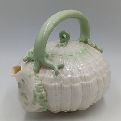 Vintage Belleek Tridacna green porcelain teapot - small chip inside rim