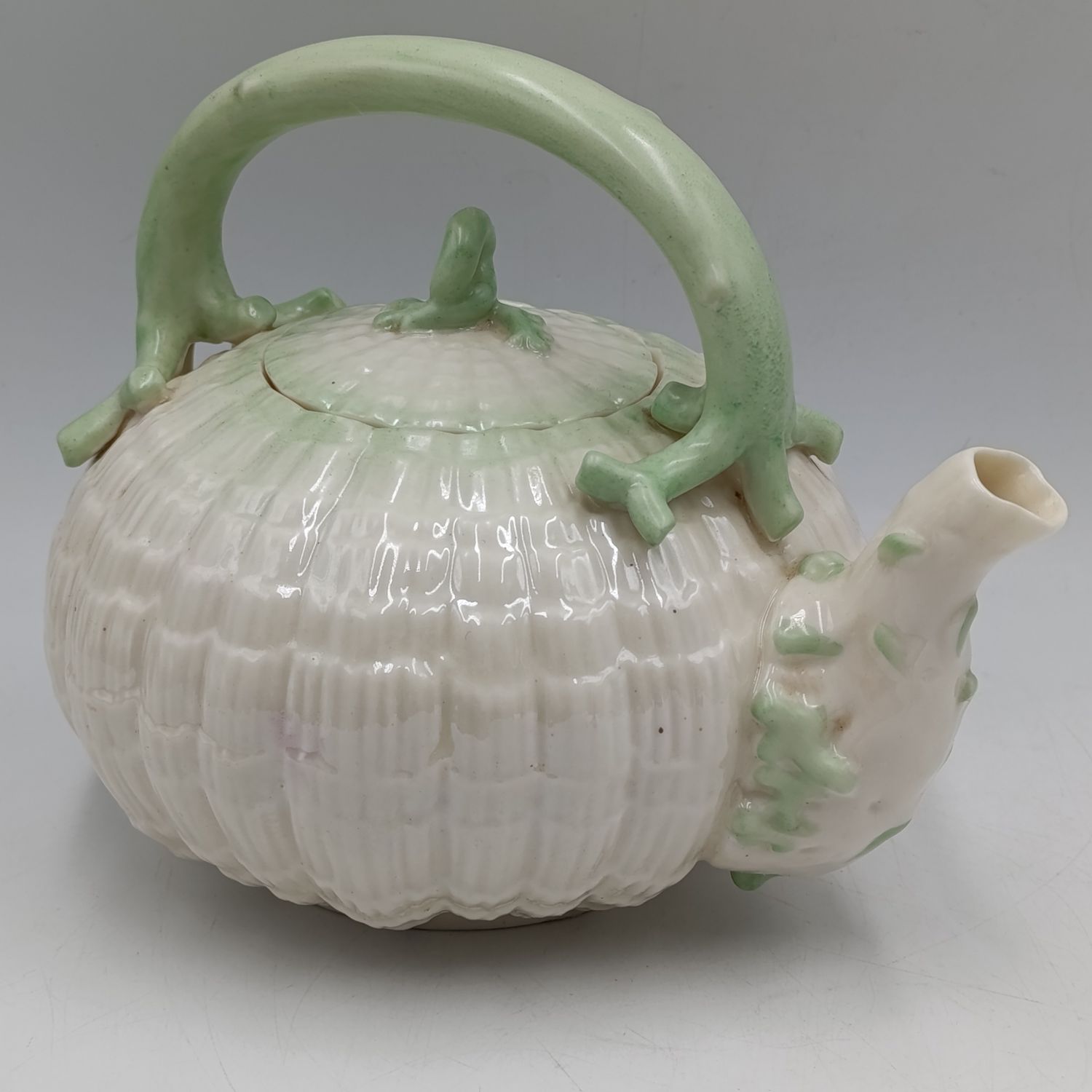 Vintage Belleek Tridacna green porcelain teapot - small chip inside rim
