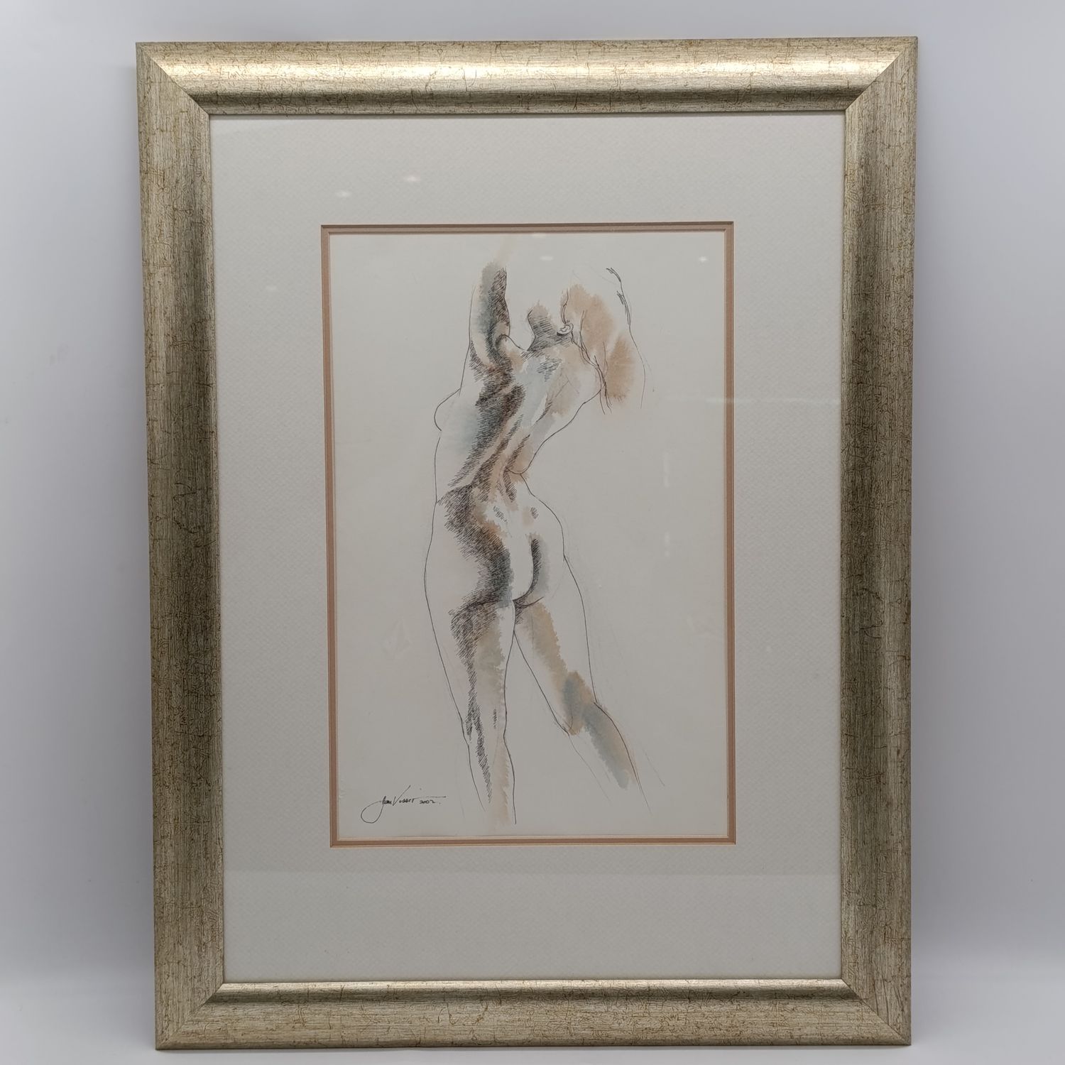 Jan Visser mixed media nude standing artwork in frame with glass
