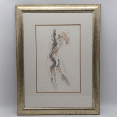 Jan Visser mixed media nude standing artwork in frame with glass