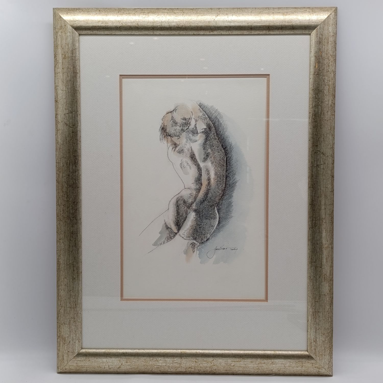 Jan Visser mixed media nude standing artwork in frame with glass