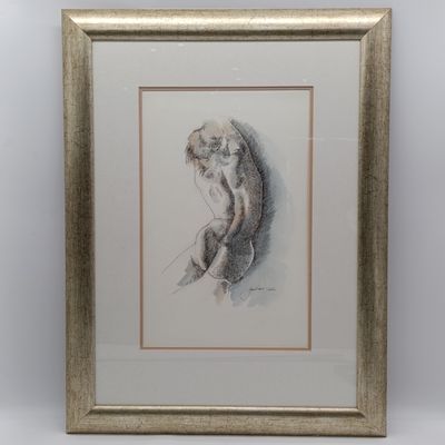 Jan Visser mixed media nude standing artwork in frame with glass