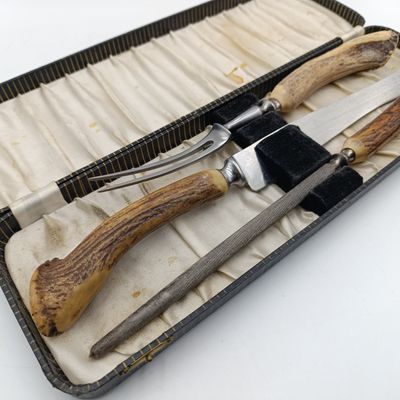 Antique Victorian meat carving set with Stag horn handles in box